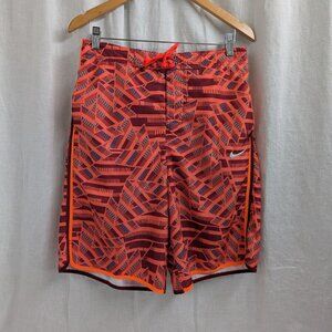 Nike Men's size Medium geometric swim shorts, orange burgundy, neon, lined O13